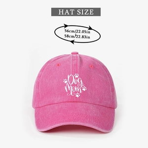 Detailed view of the Dog Mom rose pink washed cotton baseball cap with hat size measurement