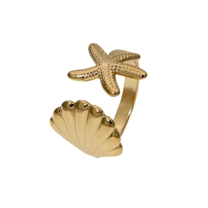 Adjustable golden stainless steel ring featuring starfish and seashell marine motifs