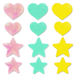 Sequin heart and star patches in pink, mint green and yellow for DIY apparel decoration