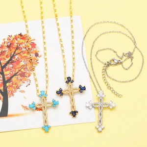 Cross pendant necklaces with colorful zircon stones in gold and silver finishes