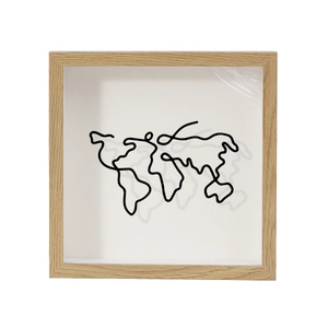 Front view of square wooden frame featuring black wire art world map for ticket storage