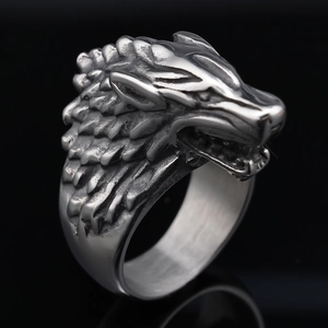 Detailed macro view of the 3D wolf head carving on a vintage silver gothic metal ring