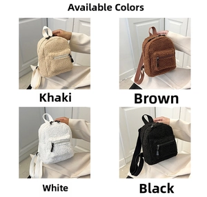 Plüsch-Minirucksäcke in den Farben Khaki, Braun, Weiß und Schwarz in der Übersicht