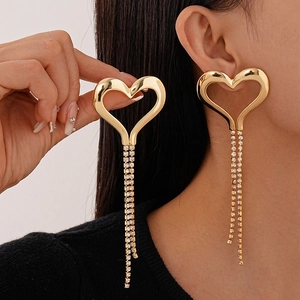 Oversized Heart Alloy Rhinestone Long Tassel Earrings With Silver Earring Post Fashion Elegant Jewelry For Women