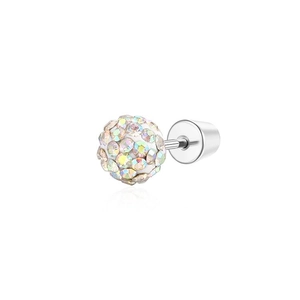 Macro view of stainless steel screw back earring with sparkling AB crystal pave ball