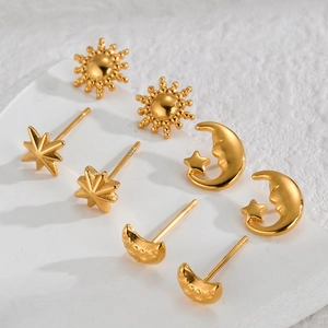 Minimalist Stud Earrings 18K Gold Plated Stainless Steel Star Moon Sun Animal Flower Patterns Jewelry For Women