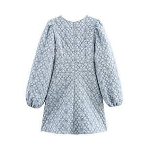 Vintage-Minikleid mit Blumenmuster in Blau, V-Ausschnitt und langen Puffärmeln