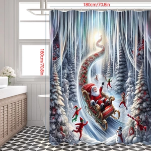 Christmas shower curtain featuring Santa and elves in a snowy forest, 180x180cm size