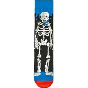 Close-up of skeleton motif on red and blue cotton socks with detailed knit texture