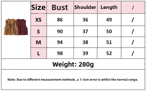 Size chart for women embroidery vest with bust shoulder and length measurements in cm