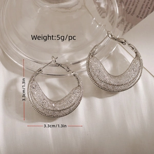 Detailed view of silver mesh hoop earrings showing 3.3cm size and 5g weight specifications