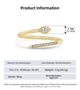 Detail of S925 sterling silver snake ring with marquise zircon and 18K gold plating