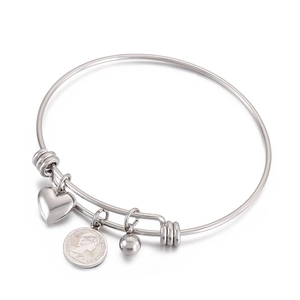 Adjustable stainless steel bangle with heart, Elizabeth II coin and bead charms