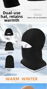 Detail of black winter balaclava showing fleece lining and multiple wearing styles