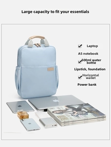 Detail showing high-capacity light blue backpack with laptop and tech accessories