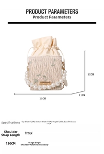 Detailed dimension guide for woven pearl handbag with floral embroidery and drawstring