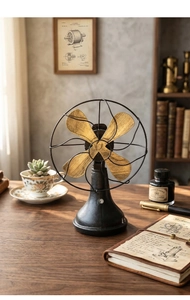 Detail of vintage industrial metal fan figurine on a rustic wooden desk with home decor