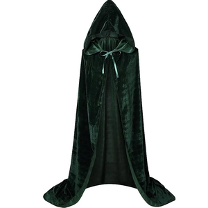 Detailed view of dark green velvet hooded cloak with silky ribbon neck tie closure