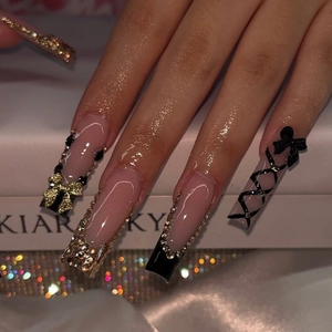 Long Coffin Press On Nails Gothic French Black Tips 3D Bow Rhinestone Y2K Sweet Cool Style Fake Nails For Women