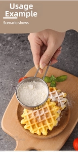 Macro shot of 304 stainless steel sifter dusting sugar over waffles in a home kitchen