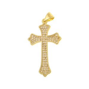 Close-up of a gold cross pendant with micro-pave cubic zirconia on a white background