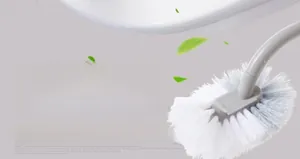 Macro view of long handle toilet brush with flexible PP bristles for deep bathroom cleaning