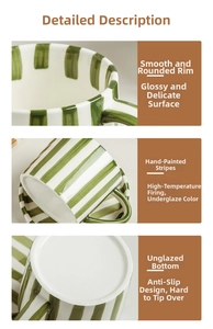 Detail showing hand-painted green stripes on ceramic mug with a smooth glazed surface