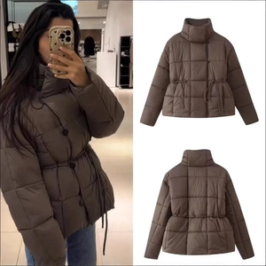 Veste Matelassée Courte Pour Femme Col Montant Manteau Rembourré Avec Taille À Cordon De Serrage Décontracté Marron
