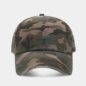 Detail of camouflage baseball cap showing crown stitching and embroidered eyelets