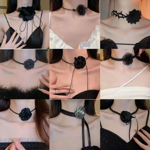 Elegant black fabric mesh flower chokers in nine assorted rose and ribbon styles