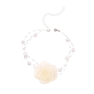 Three-layer faux pearl necklace with a white fabric floral rose charm and adjustable metal chain