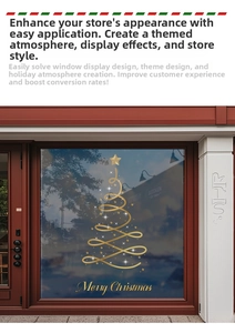 Detailed view of a golden spiral Christmas tree window sticker with Merry Christmas text