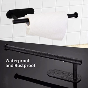 Waterproof and rustproof black kitchen paper towel holder mounted on white tiled wall