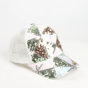Detail of colorful sequins and white breathable mesh on an outdoor baseball cap