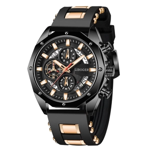 Herren Chronograph mit großem Zifferblatt, schwarzem Silikonband und Roségold-Gehäuse