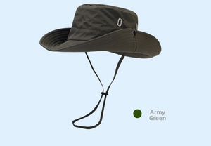 Detail of army green outdoor sun hat featuring metal vents and adjustable windproof cord