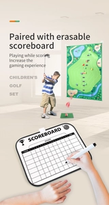 Detalle del set de golf para niños con marcador borrable y tapiz de objetivo con puntos