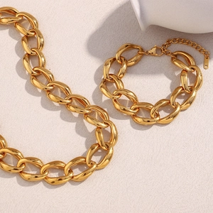 Minimalist 18K gold plated chunky chain necklace and bracelet set for women