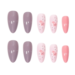 Almond-shaped floral press-on nails set with purple and coral pink flower patterns