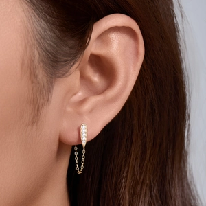 S925 sterling silver drop earrings with pavé zircons and delicate gold chain tassels