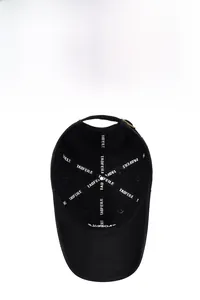 Internal view of the black baseball cap showing reinforced seams and breathable structure