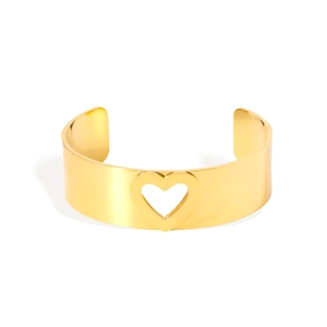 Bracelet manchette large doré avec motif cœur ajouré en acier inoxydable poli