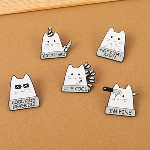 Set of 5 creative cartoon cat enamel pins with funny English phrases on craft paper