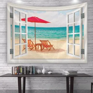 Detail of 3D window view tapestry showing tropical beach with red sunshade and beach chairs