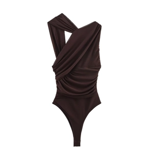 Detailed view of dark brown asymmetrical pleated mesh bodysuit for women's vacation wear
