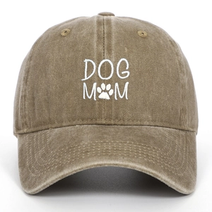 Vintage washed brown cotton baseball cap with white DOG MOM paw print embroidery