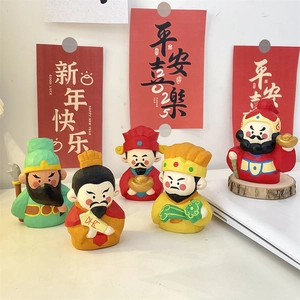 Handcrafted set of five resin wood-carved traditional Chinese deity figurines for desk decor