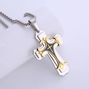 Polished stainless steel hip hop necklace with a layered silver and gold cross pendant