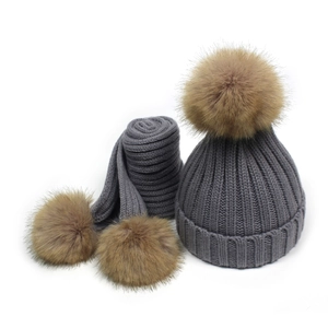 Grey knit winter hat and scarf set for children with detachable faux fur pom-poms