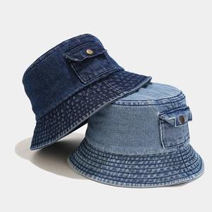 Washed Denim Bucket Hat With Side Pocket Metal Button Cotton Casual Sun Protection Outdoor Retro Style Unisex